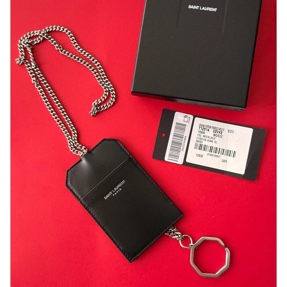 Saint Laurent Leather Lanyard Card holder key chain, 712614, New